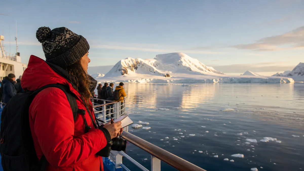 Expedition travelers looking across icy Antarctic water from a ship deck