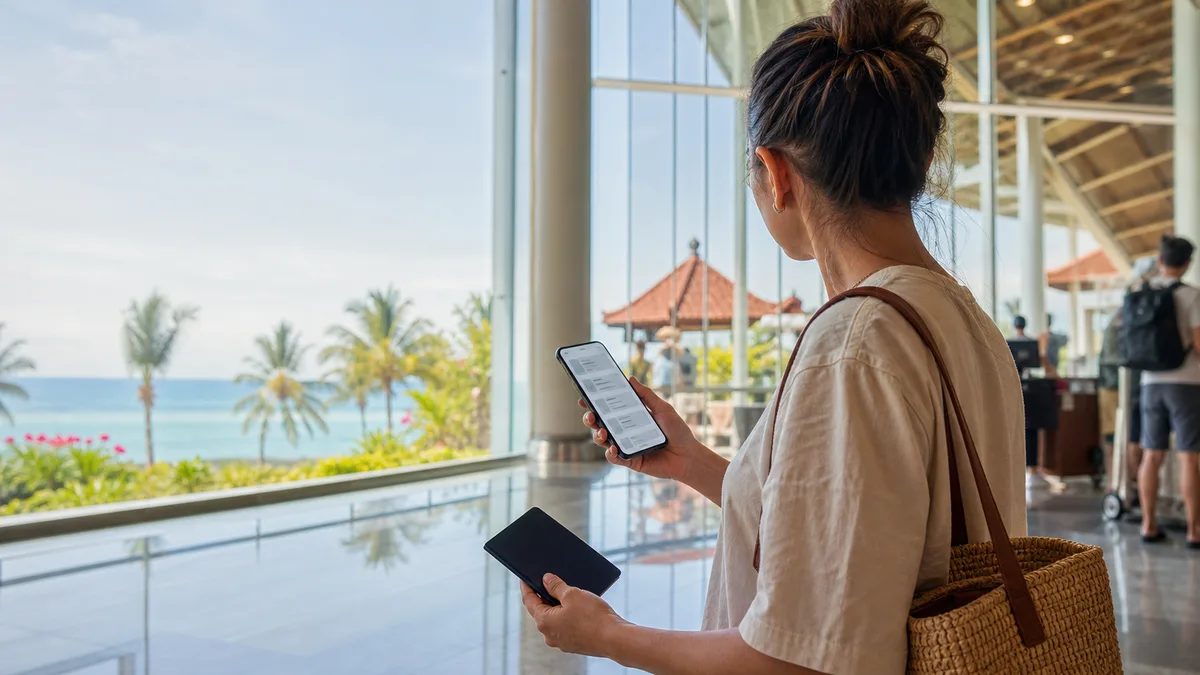 Traveler preparing onward flight documents at an airport before flying to Bali