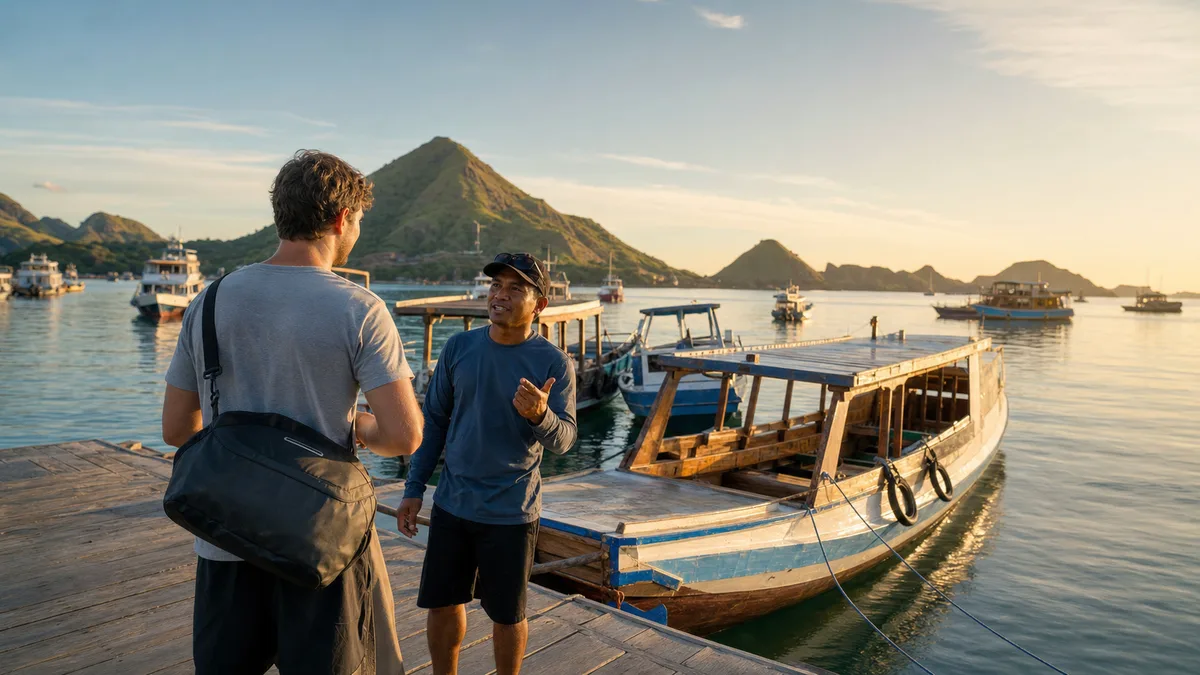 Travelers preparing for a boat trip from Labuan Bajo toward Komodo National Park