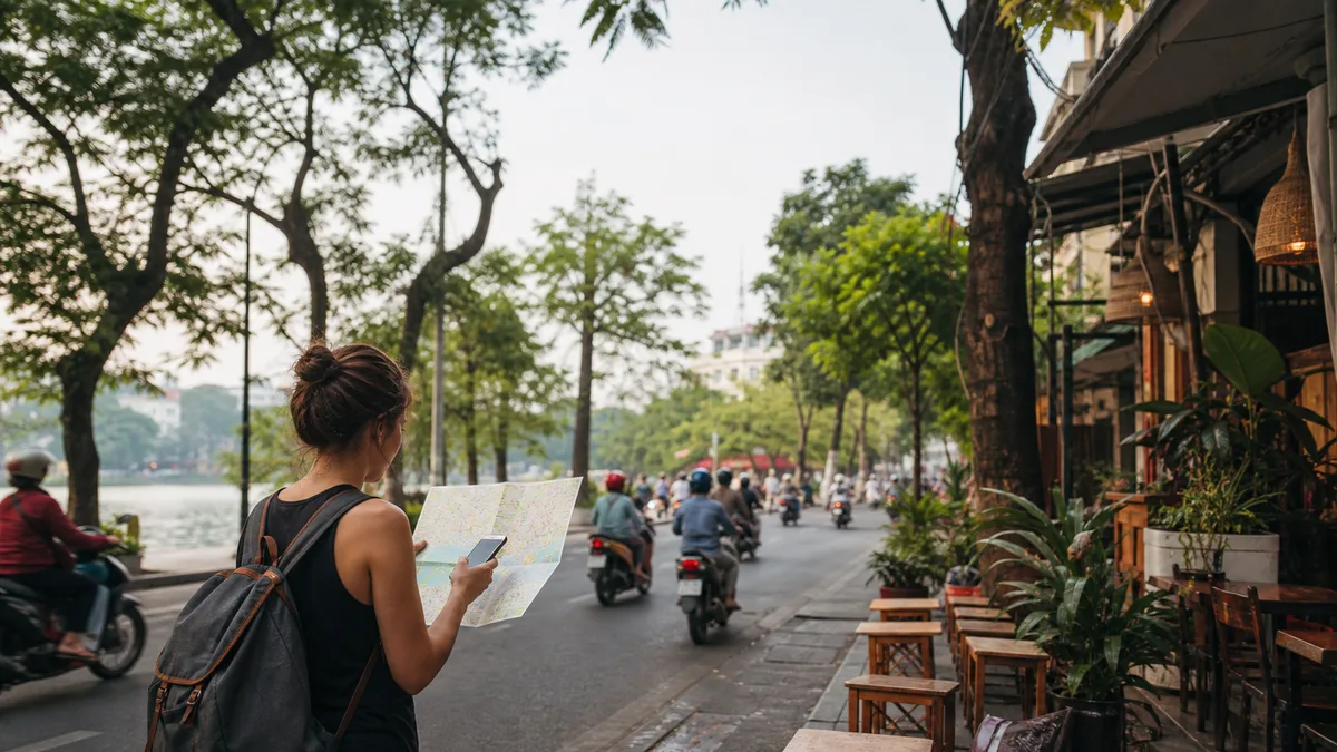 Morning street scene in Hanoi with travelers planning a day near Hoan Kiem Lake