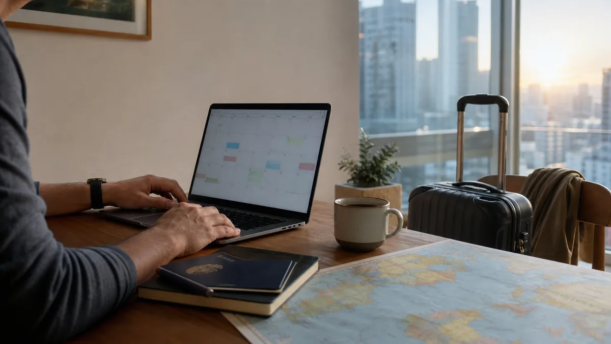 A traveler with a laptop, passport, calendar, and coffee planning trips around a full-time job